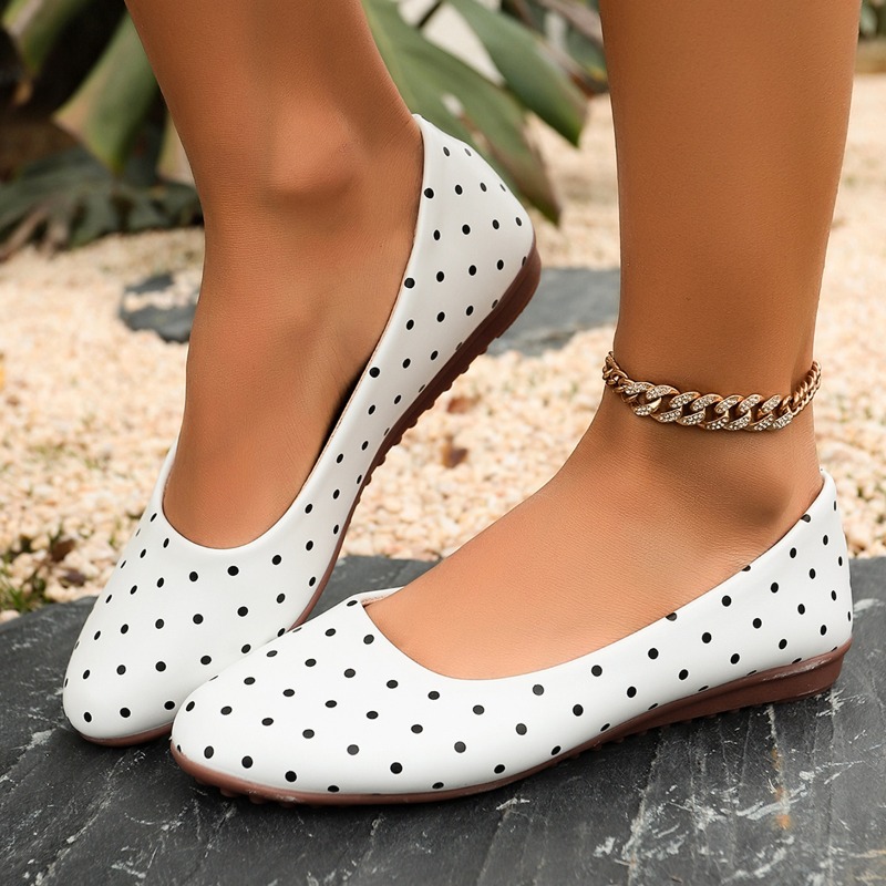 Shoes For Women Flats - Ladies White Polka Dot Flats Round